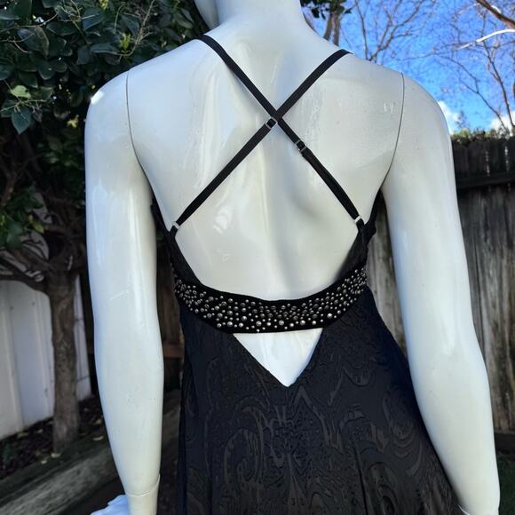 VTG Bebe Black Embroidered Studded Cross Back Hi Lo Dress Women's XS - Picture 7 of 16